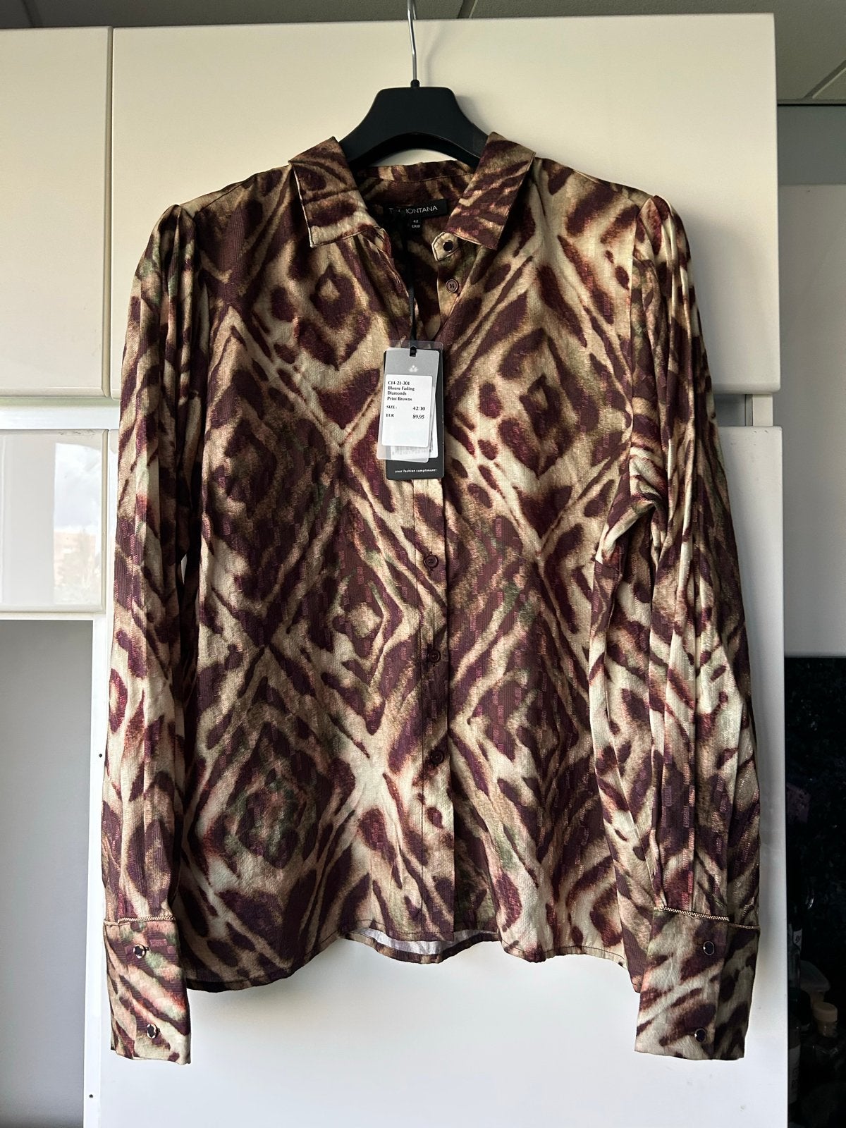 T.Montana Blouse Fading Diamond Print Bruin Maat 42/44 (L), Kleding | Dames, Ophalen of Verzenden, Nieuw, Maat 42/44 (L), Bruin