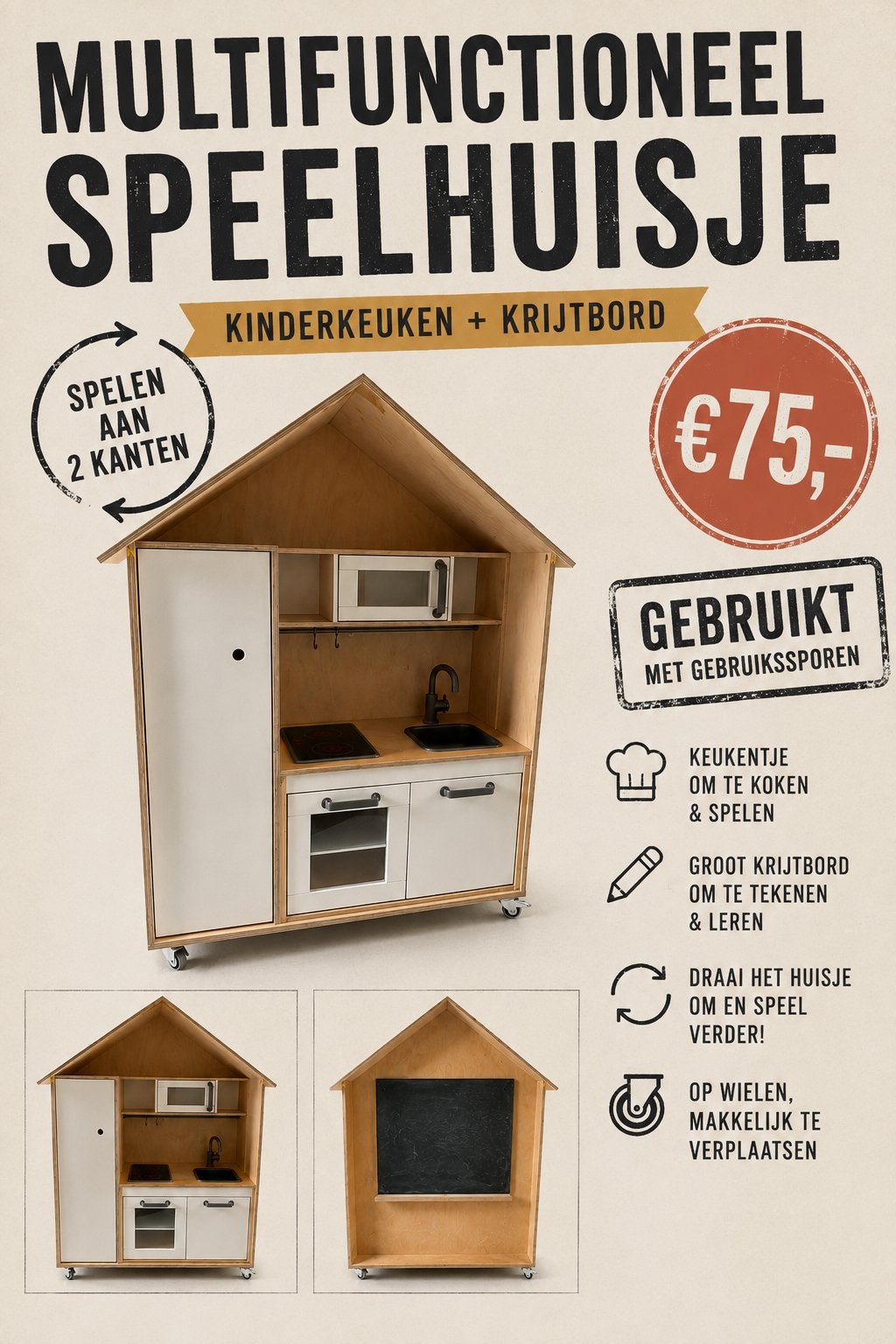 Multifunctioneel speelhuisje / kinderkeuken met krijtbord, Kinderen en Baby's, Speelgoed | Speelkeukens, Ophalen, Gebruikt