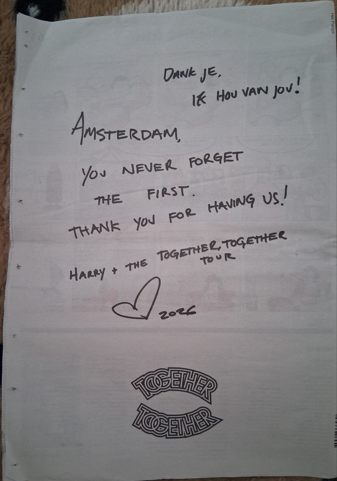 Harry styles bedank brief parool 6 juni 2026, Ophalen of Verzenden, Zo goed als nieuw
