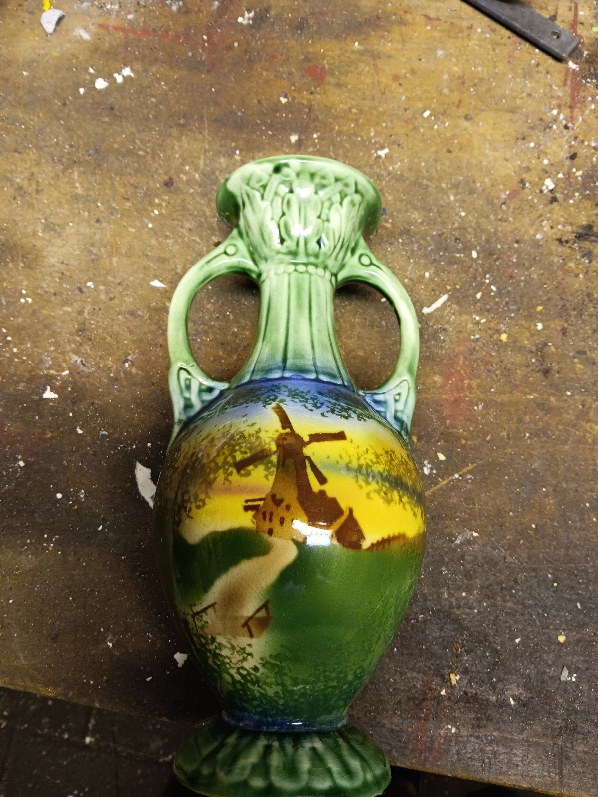 Vintage aardewerk vaas met molen decoratie, Ophalen of Verzenden