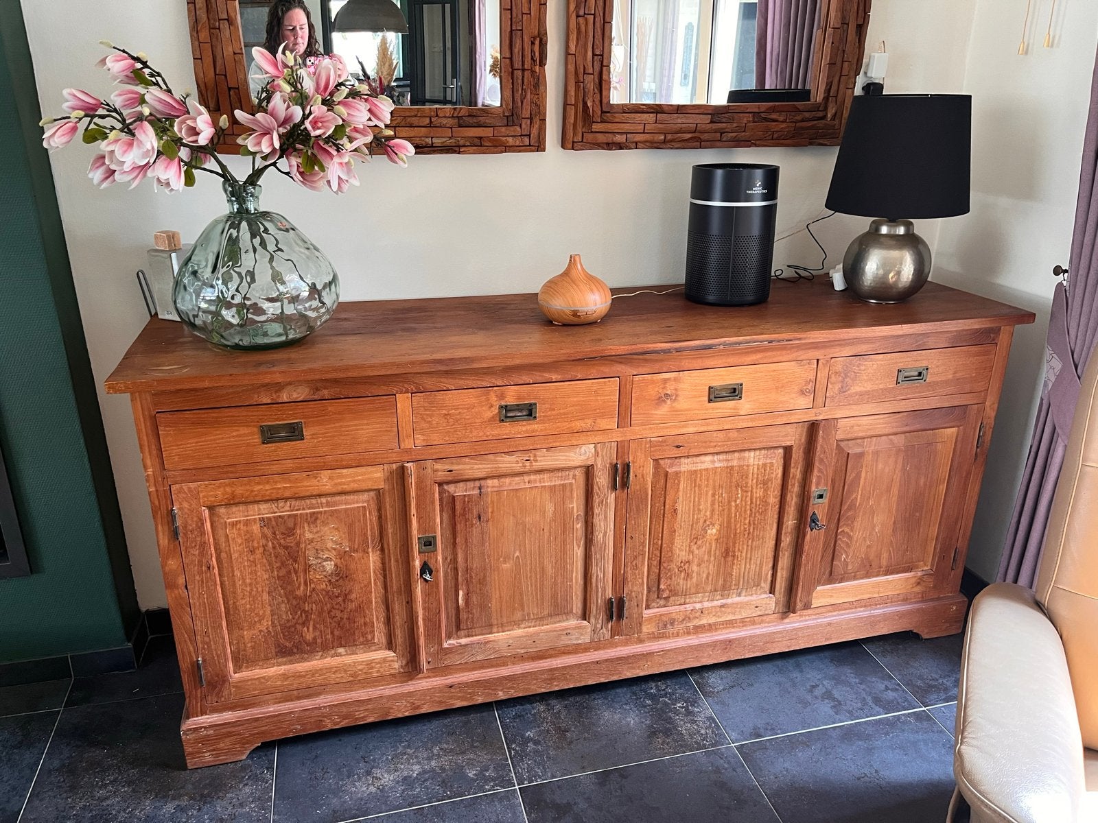Massief Teakhouten Dressoir 200x55x90cm, Ophalen, Gebruikt, 150 tot 200 cm, Met lade(s)