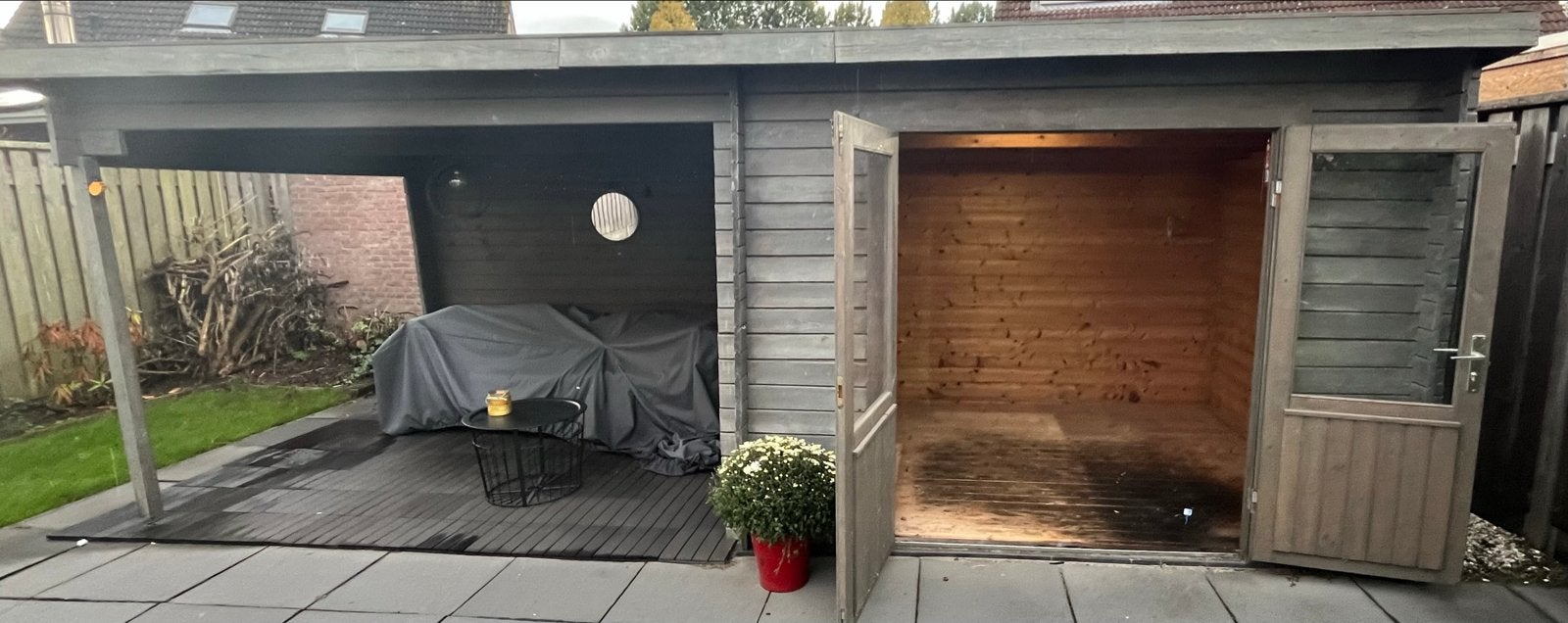 Op te halen! Houten schuur met overkapping - Afm 6 x 2,5m, Ophalen, Gebruikt, Hout, Overige typen