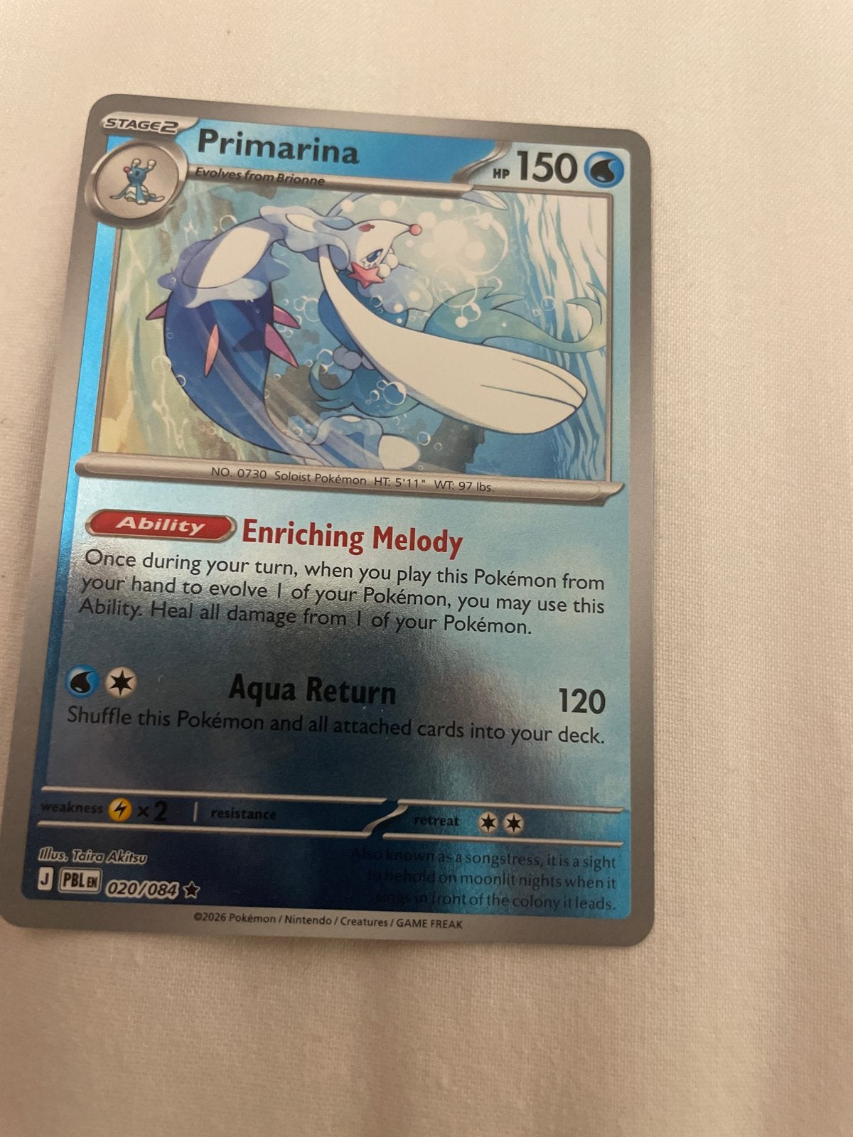 Pokémon Kaart Primarina 020/084 JPB L, Ophalen of Verzenden, Zo goed als nieuw, Losse kaart
