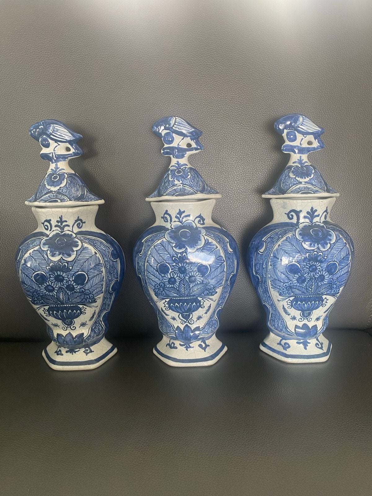 Set van 3 Delfts Blauwe Gemberpotten met Vogeldeksel, Antiek en Kunst, Antiek | Vazen, Ophalen of Verzenden