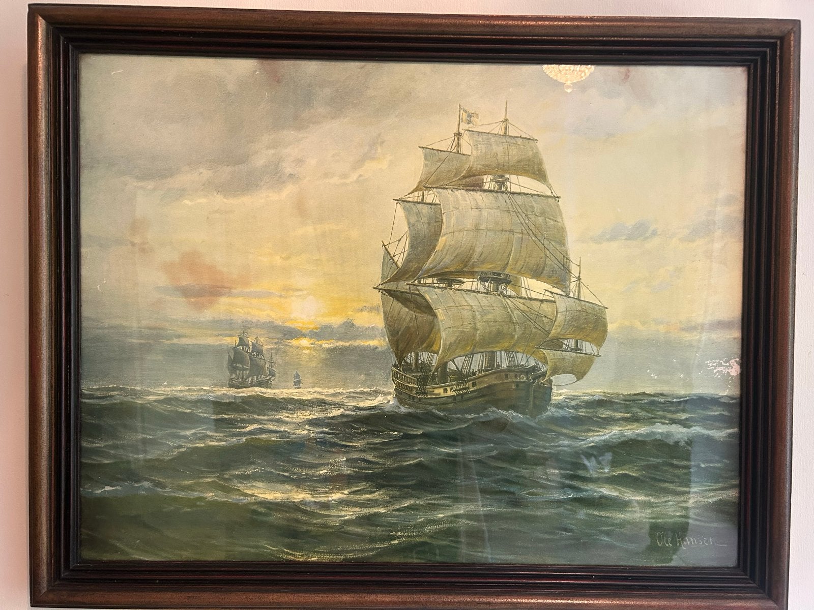 Oude martieme prent Ole Hansen - mooie houten lijst, Ophalen, Maritiem / water, Doek, Olieverf