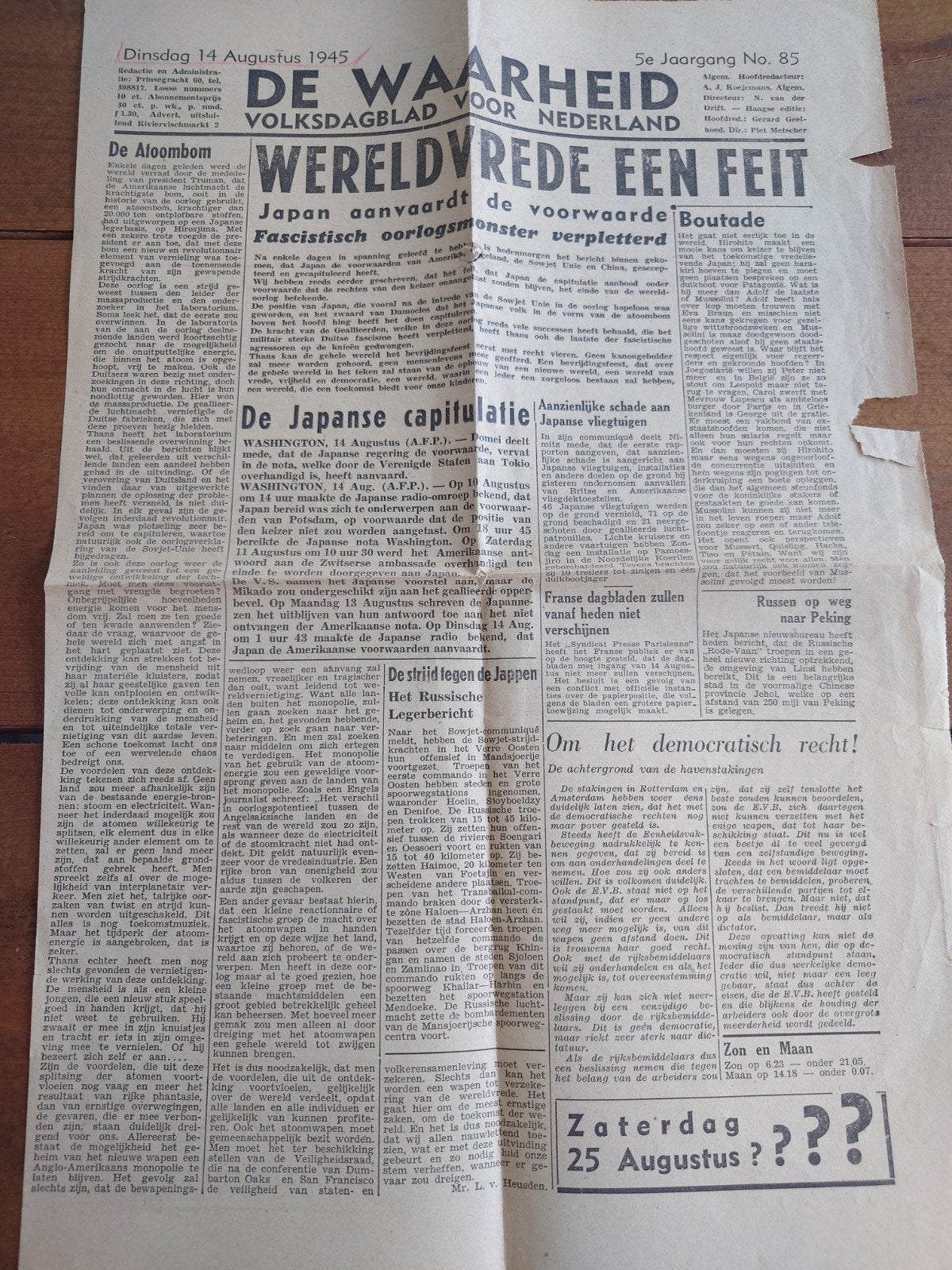 De Waarheid - Dagblad voor Nederland - 14 augustus 1945, Ophalen of Verzenden, Gelezen, Krant