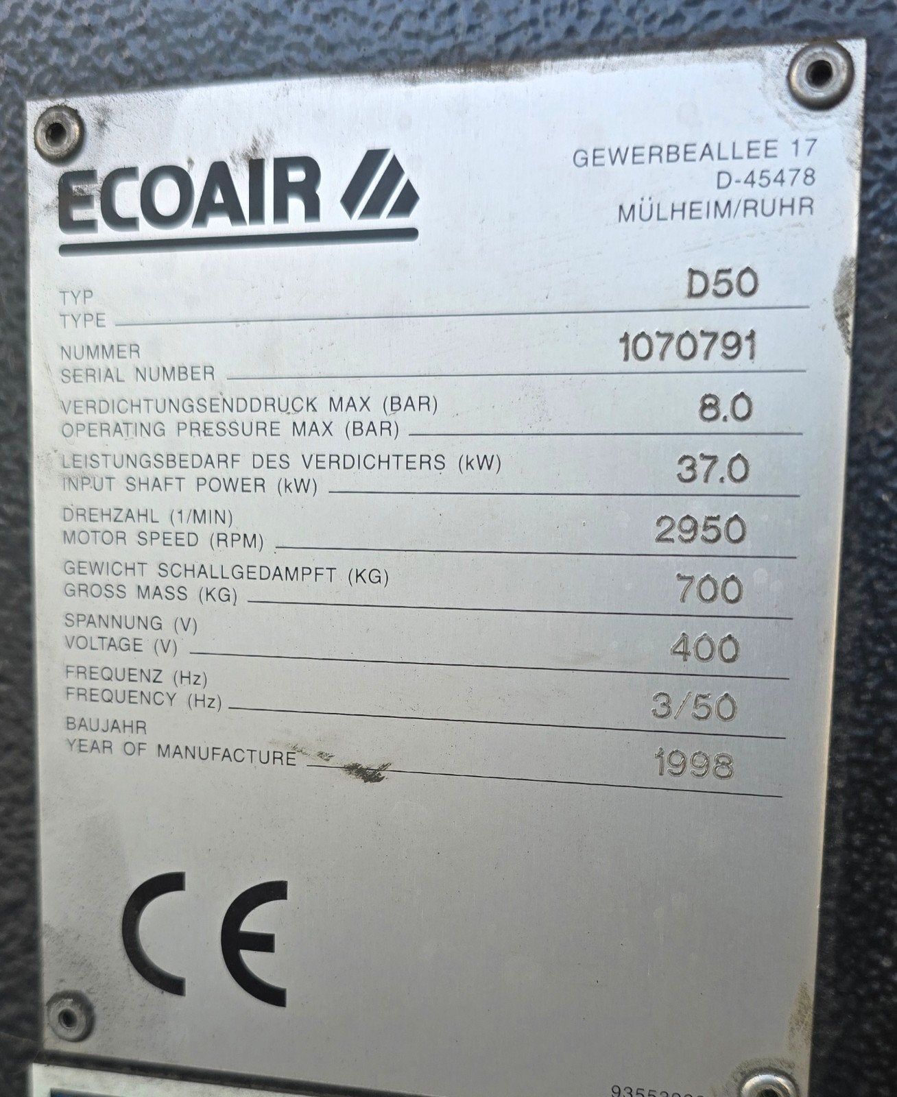 Defecte Ecoair D50  37 kw, Ophalen, Geluidgedempt, Gebruikt, 800 liter/min of meer