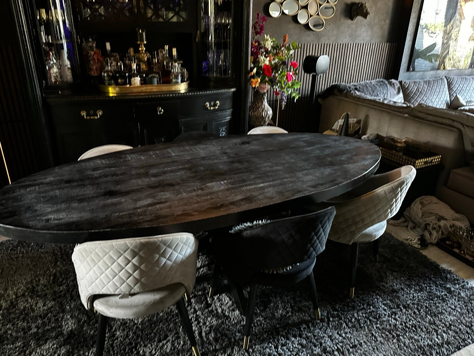 Ovale zwarte eettafel 220x100 met metalen spinpoot., Huis en Inrichting, Tafels | Eettafels, Ophalen, 100 tot 150 cm, Hotel sjiek