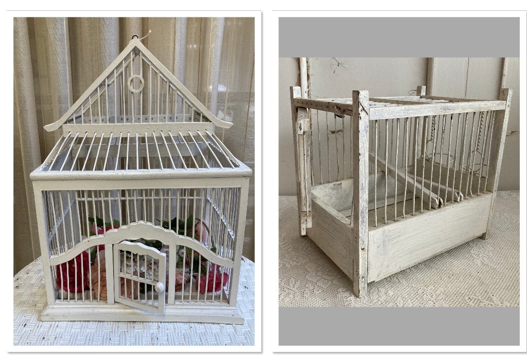 2x Brocante witte houten oude vogelkooi - vogelkooitjes, Hout, ---, Ophalen of Verzenden, ---