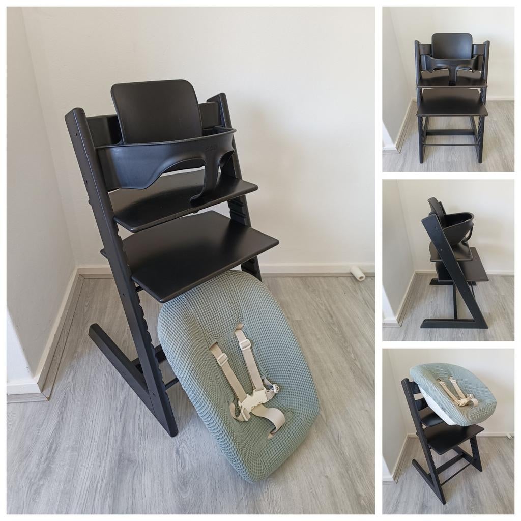 Stokke Tripp Trapp zwart met babyset, newbornset, extra hoes, Ophalen of Verzenden, Zo goed als nieuw, Stokke Tripp Trapp, Stoelverkleiner