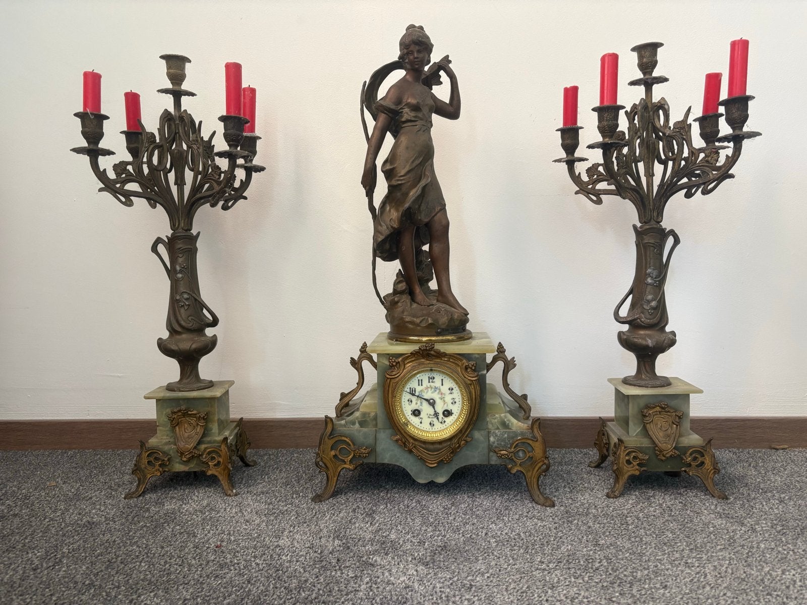 Antieke Franse klokkenset met kandelaars, marmer en brons, Antiek en Kunst, Antiek | Klokken, Ophalen