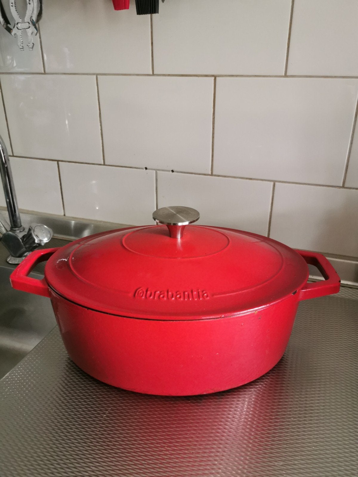 Brabantia Gietijzeren Braadpan - Rood, Gebruikt, Ophalen of Verzenden, Met deksel, Overige merken