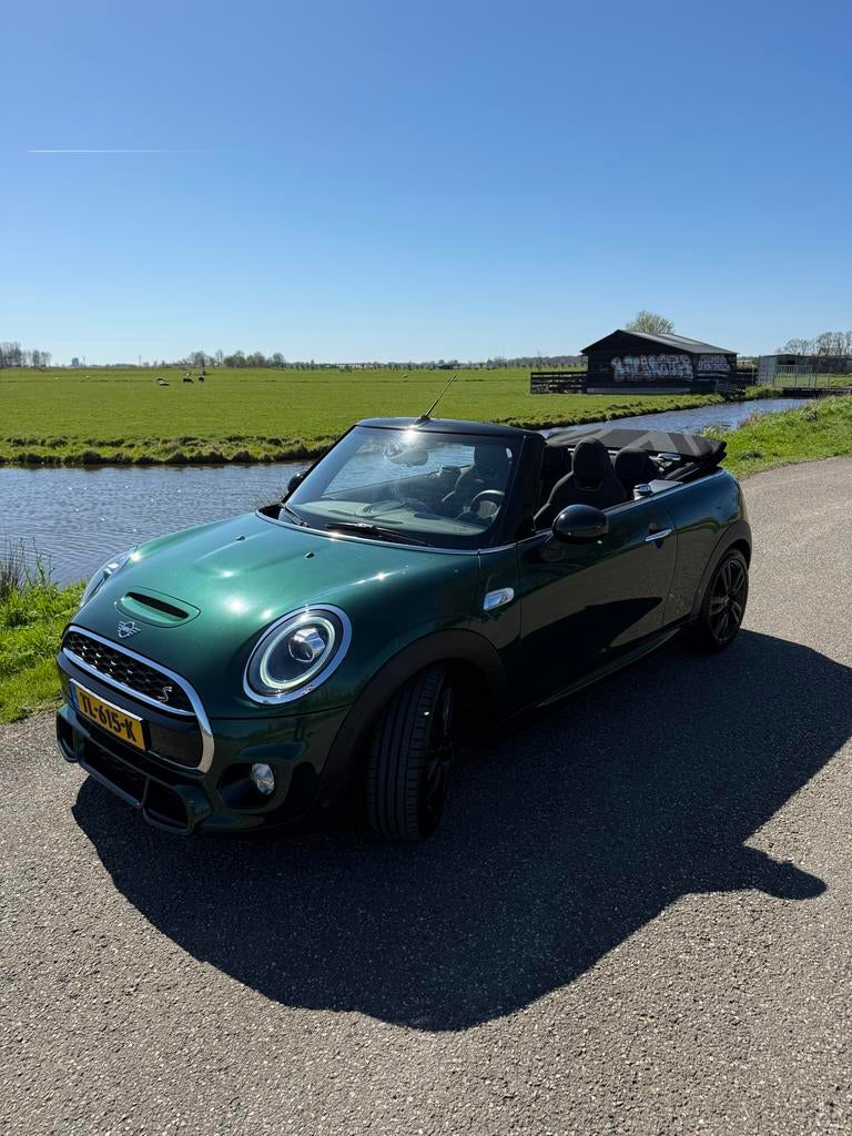 Mini Cabrio 2.0 192pk Aut 2019 Groen JCW, Auto's, Mini, 1998 cc, Zwart, 4 stoelen, Leder en Stof
