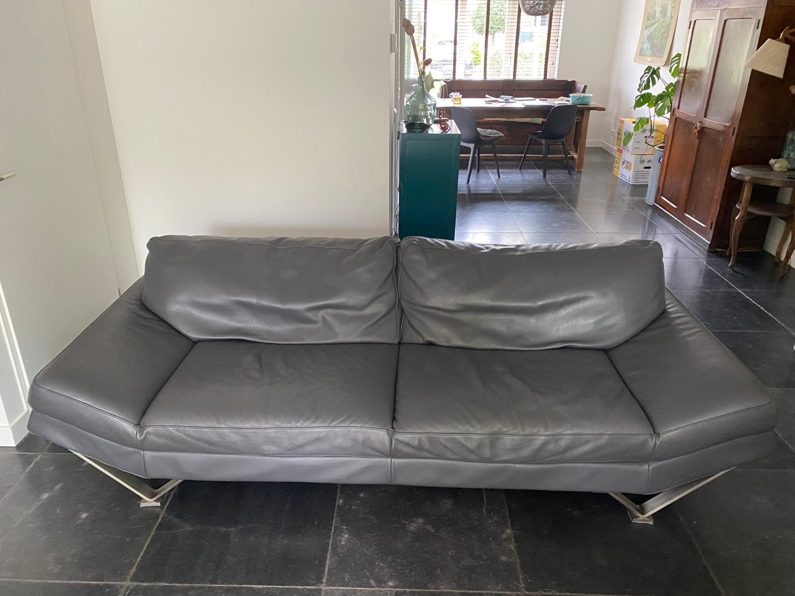 Natuzzi leren bank grijs b250, d100, h78, Ophalen, Gebruikt, Retro, 200 tot 250 cm