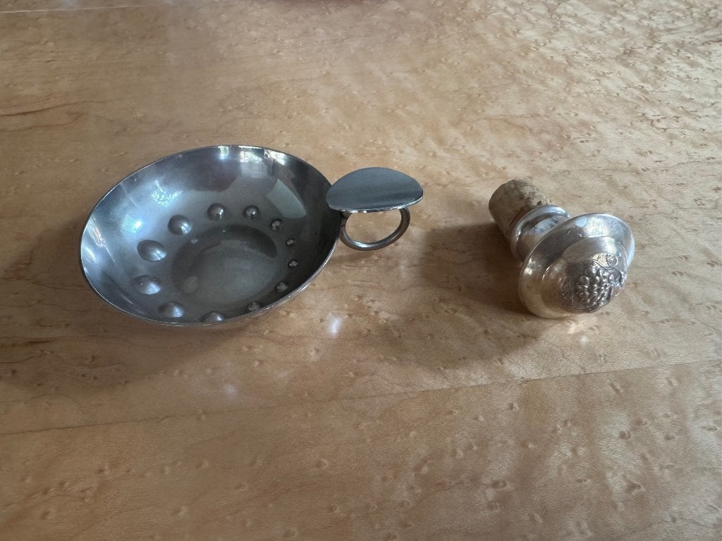 tastevin (wijnproefschaaltje) en verzilverde wijnflesdop, Zilver, Ophalen of Verzenden, Metaal, Overige merken
