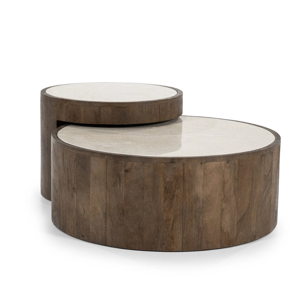 Eleonora Hazel salontafel set van 2: marmer + mangohout, Huis en Inrichting, 50 tot 100 cm, Rond, Nieuw, Overige houtsoorten