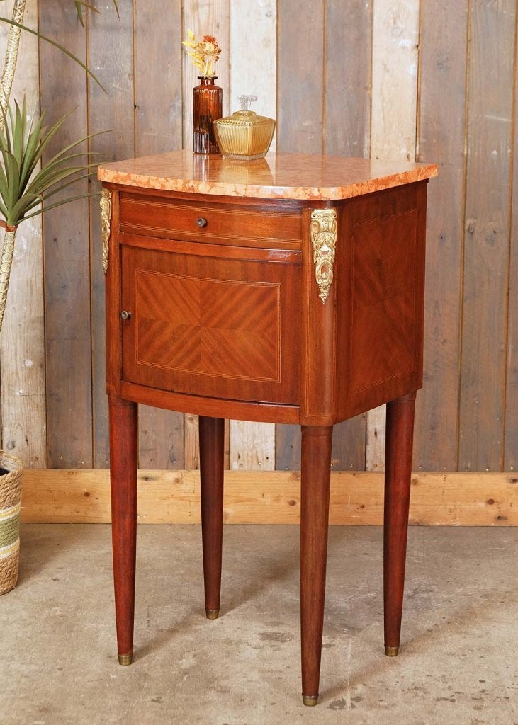 Oud antiek Frans nachtkastje in Louis XVI-stijl met marmer, Ophalen, Gebruikt, --, --