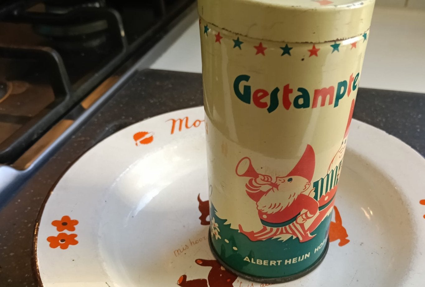 Vintage Albert Heijn blik 'Gestampte Muisjes' met kabouter, Ophalen of Verzenden, Gebruikt, Overige, Overige merken