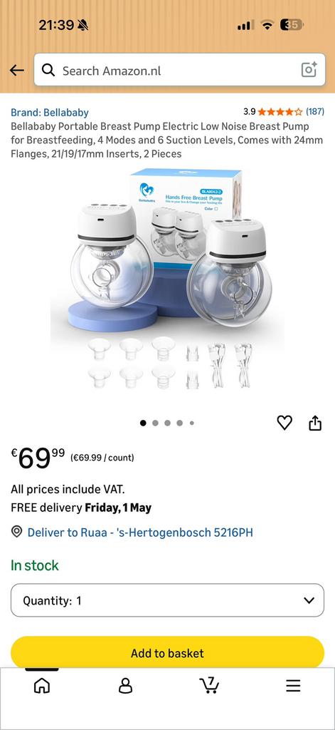 Bellababy Elektrische handsfree double borstkolf, Ophalen of Verzenden, Zo goed als nieuw, Borstkolf