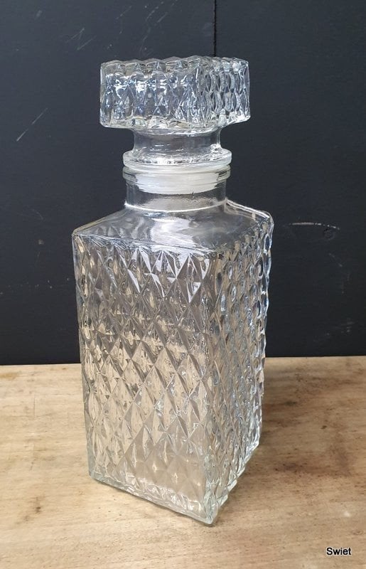 Vintage Glazen Vierkante Karaf met Patroon 8x8x24cm, Ophalen of Verzenden