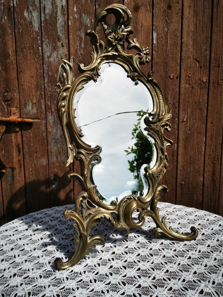 Antieke kuifspiegel artnouveau Jugendstil brons Miekje, Ophalen, Overige vormen, Minder dan 100 cm