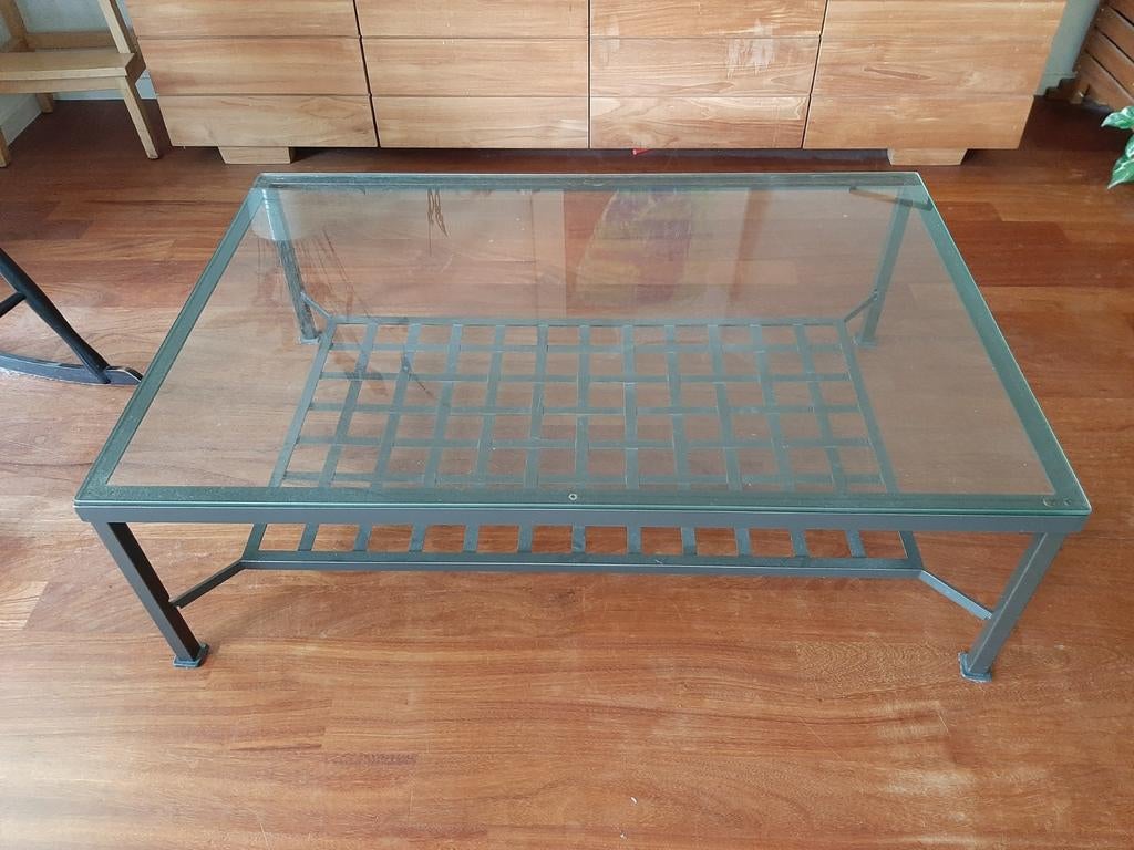 Glazen salontafel met metalen onderstel - 118x78x37 cm, Ophalen, Gebruikt, 100 tot 150 cm, 50 tot 100 cm