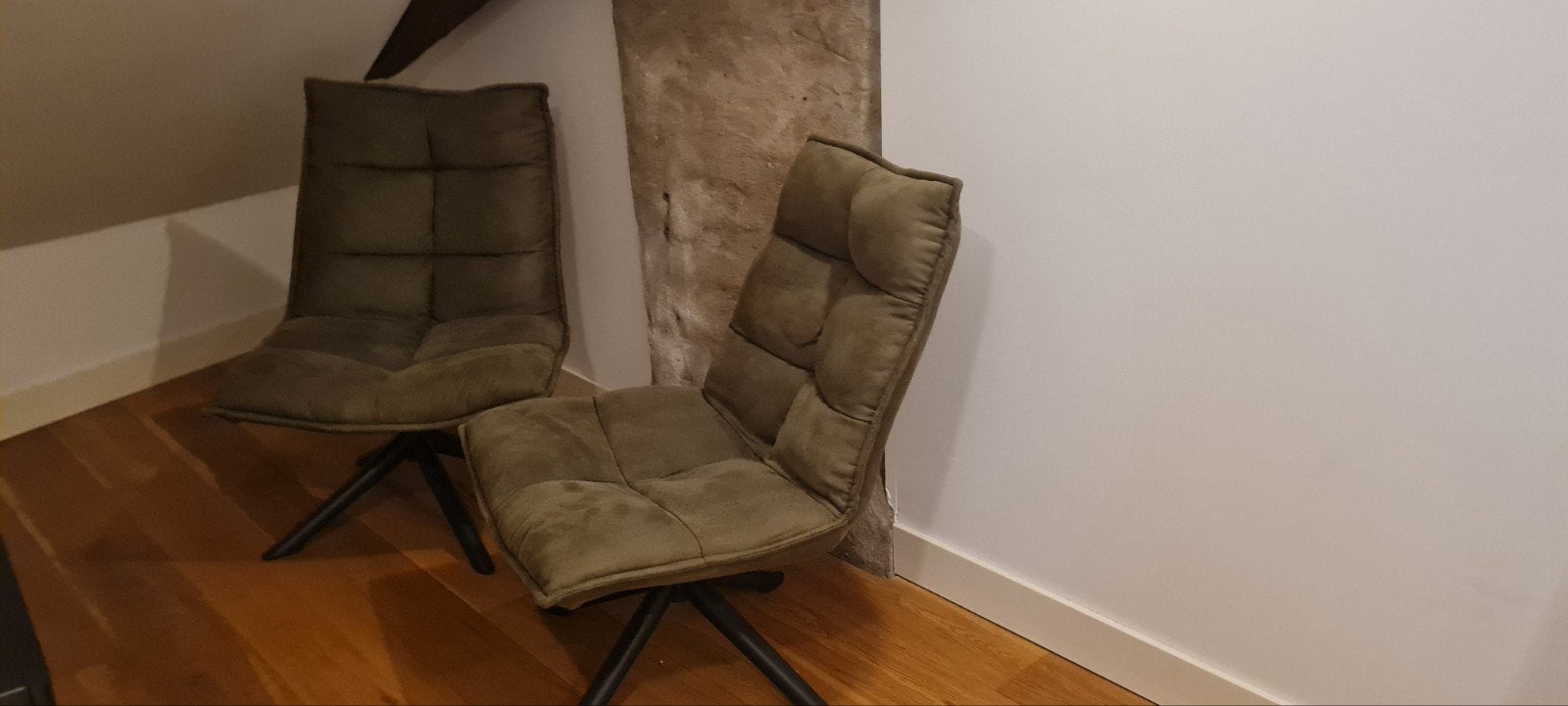 2 olijfgroene fauteuils, Ophalen, Gebruikt, 75 tot 100 cm, Stof