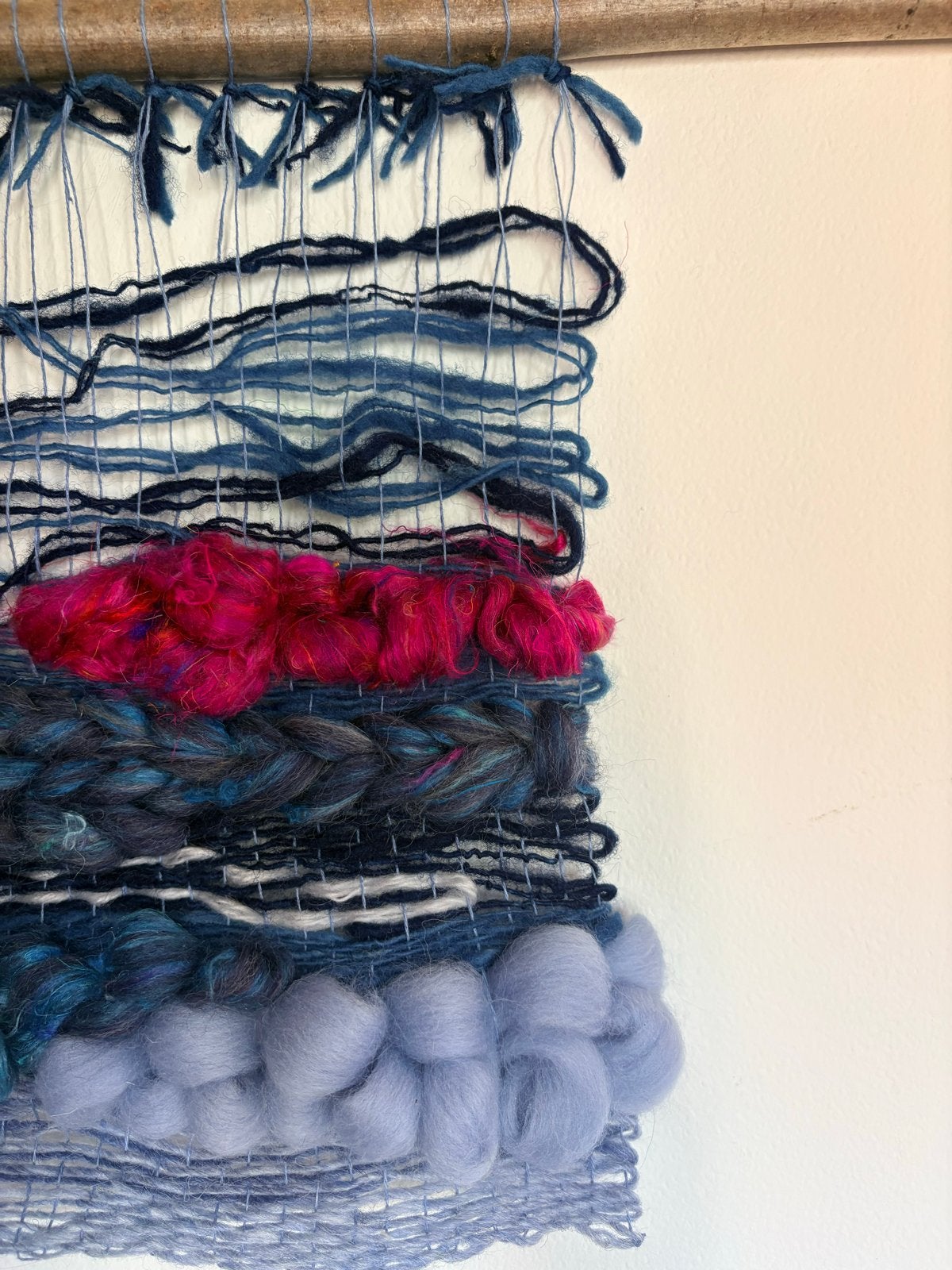 Uniek handgeweven wandkleed in blauw-roze tinten, Boho, Meerkleurig, Ophalen of Verzenden, Zo goed als nieuw
