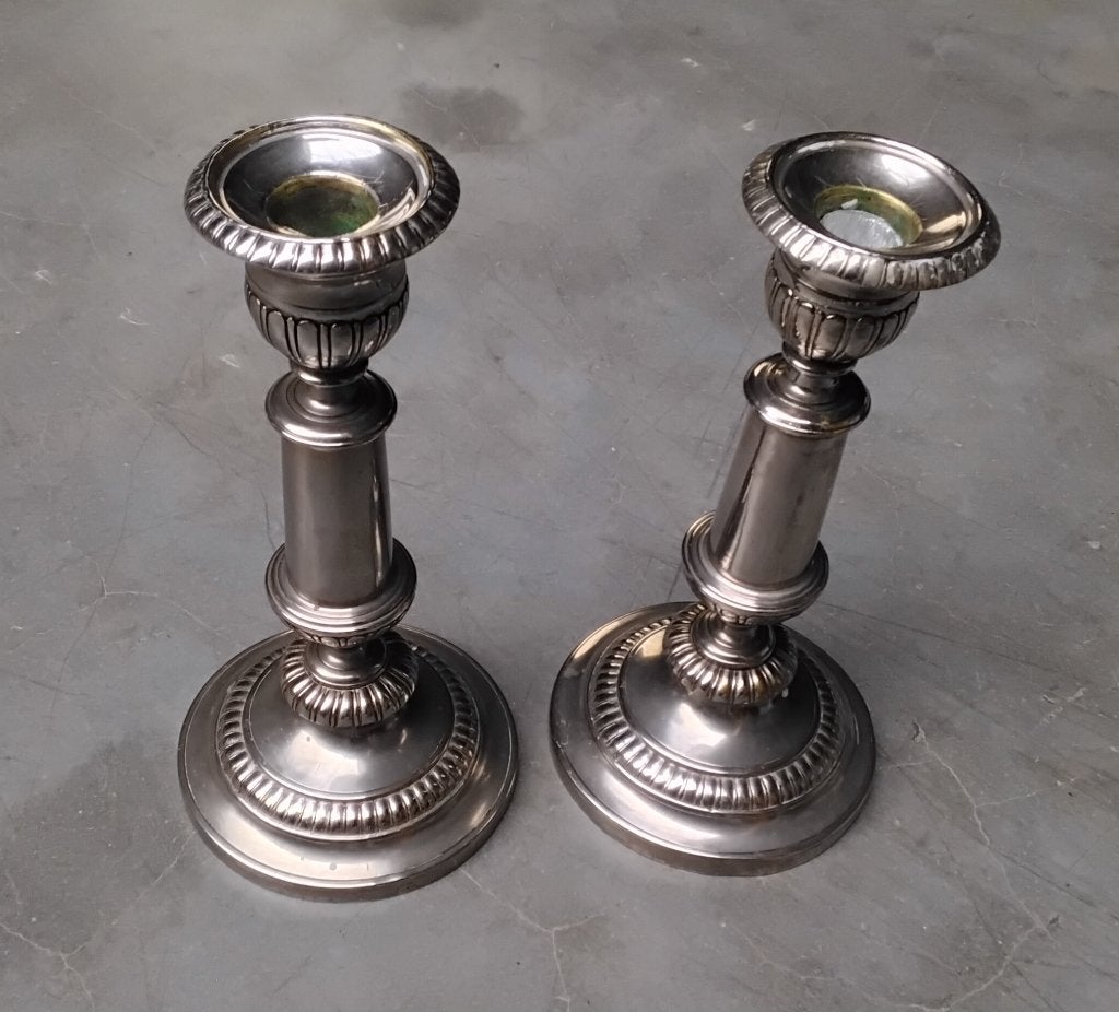 2 antiek engels verzilverde kandelaars, Antiek en Kunst, Ophalen