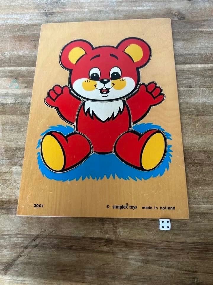 Vintage houten puzzel rode beer Simplex Toys 3001, Gebruikt, Ophalen of Verzenden, Van hout, Minder dan 10 stukjes