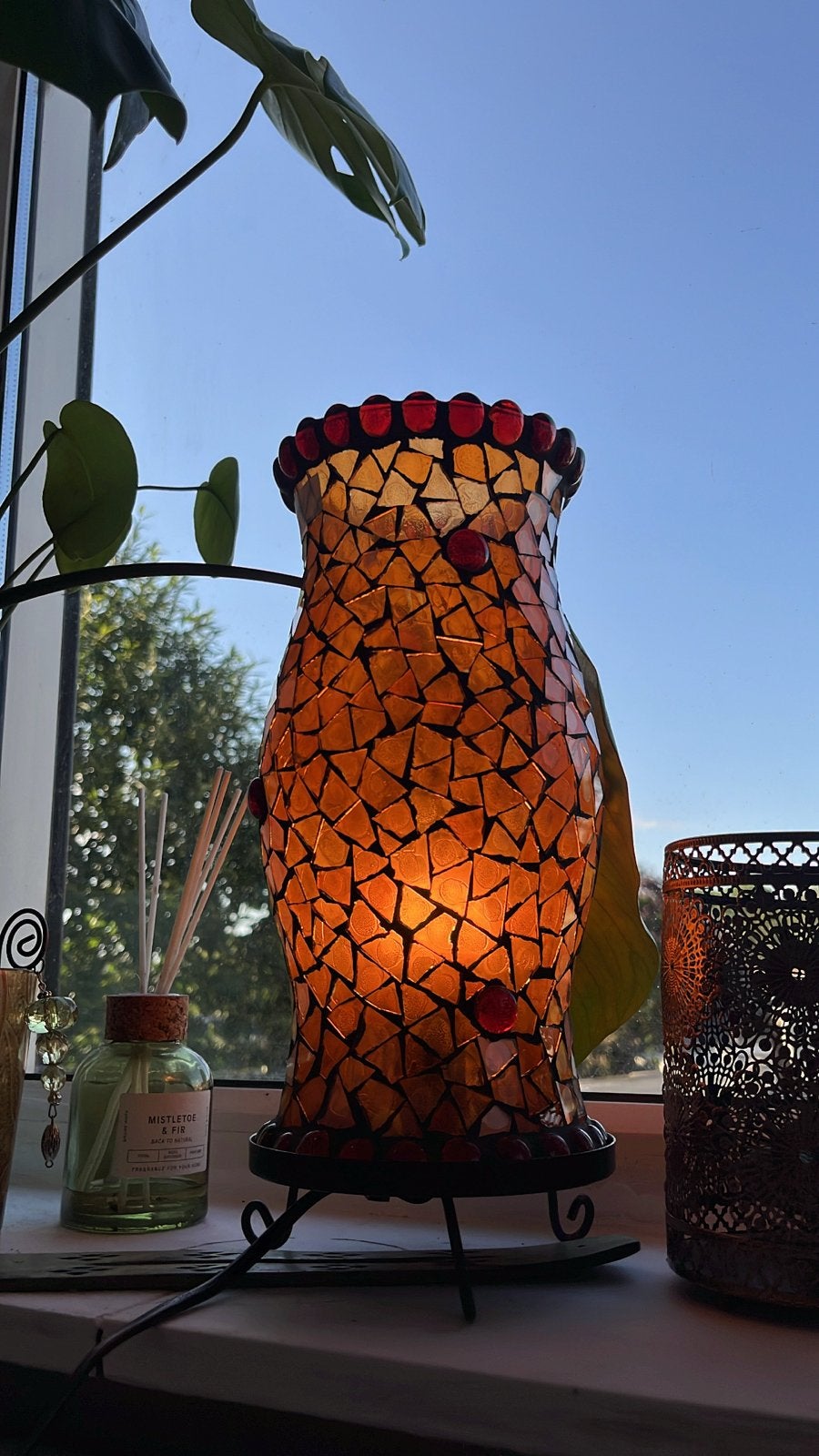 Unieke Vintage Tafellamp - Glasmozaïek Oranje/Rood/Goud, Gebruikt, Vintage, 32 cm, Meerkleurig
