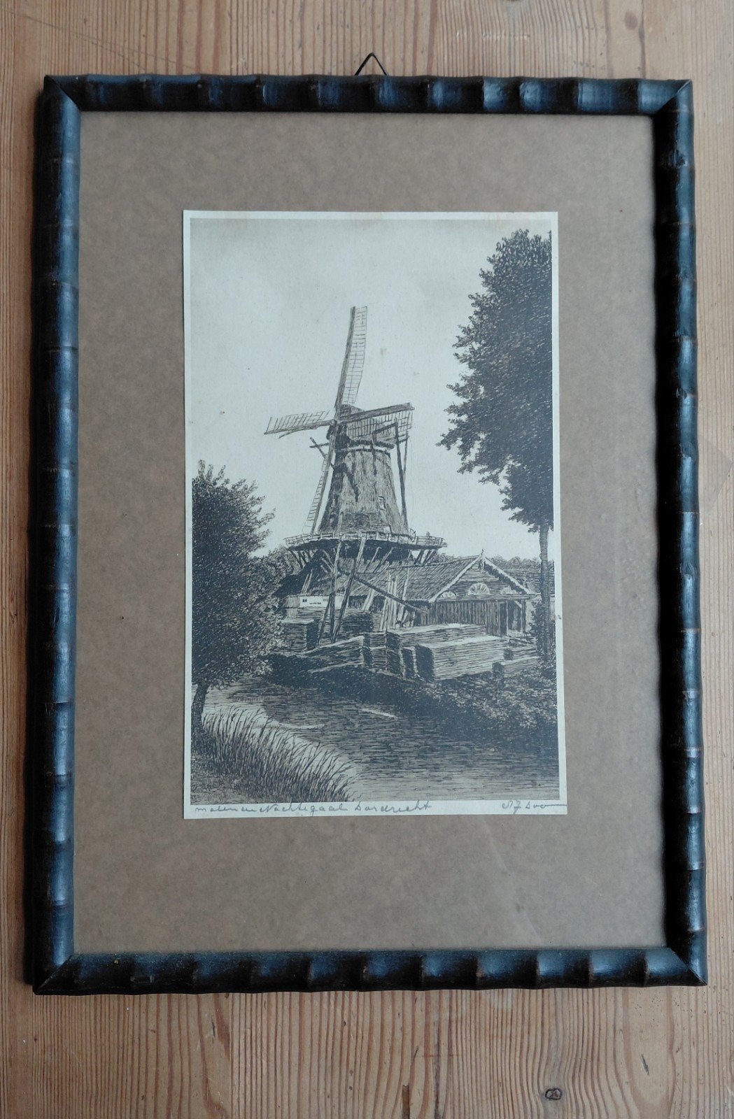 Oude ets/prent Molen De Nachtegaal Dordrecht in lijst, Ophalen
