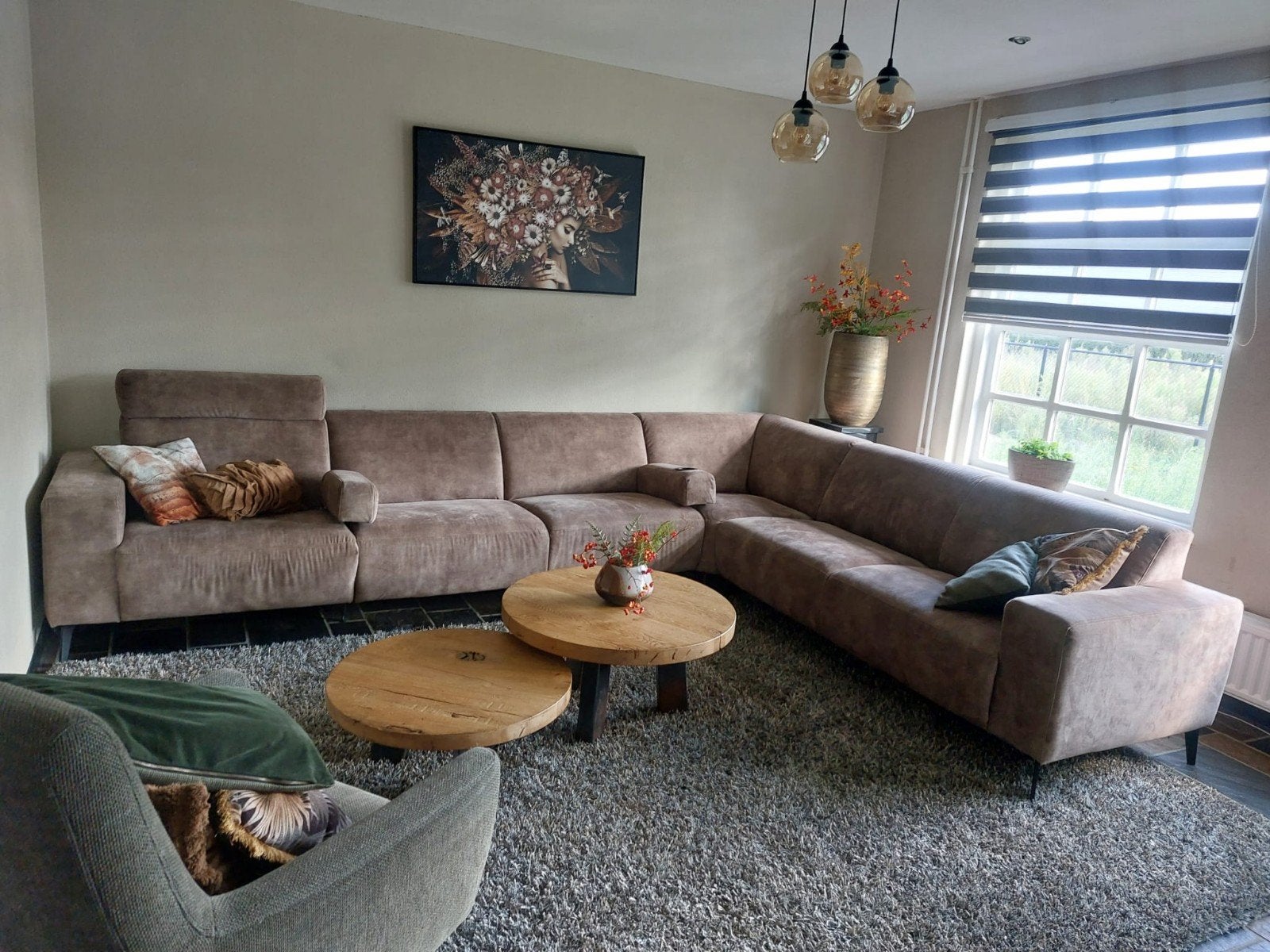 Hoekbank taupe met elektrische relaxfunctie - Pronto Wonen, Huis en Inrichting, Ophalen, Hoekbank, 300 cm of meer, 75 tot 100 cm