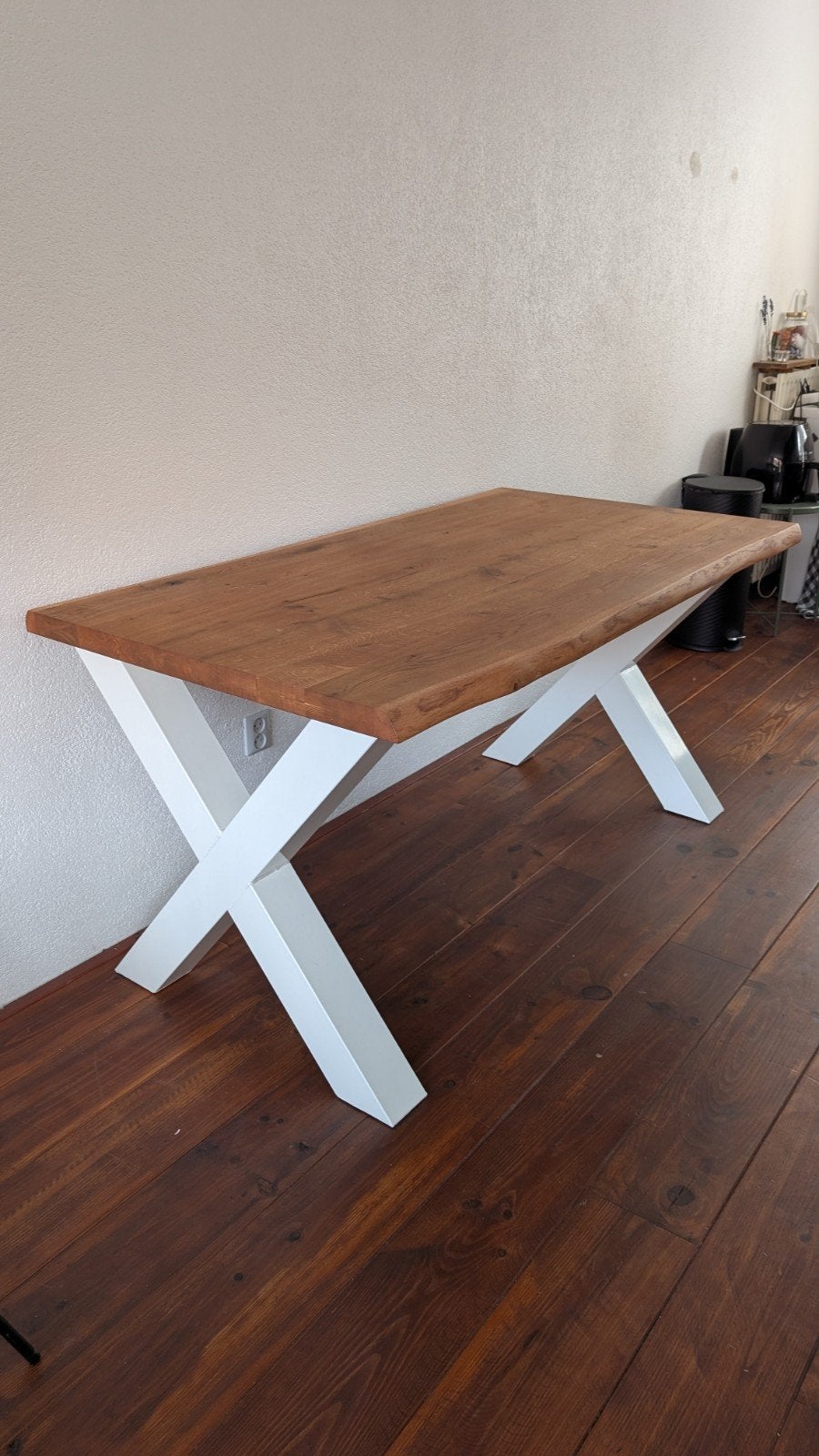 Eikenhouten eettafel met wit X-onderstel, Huis en Inrichting, Tafels | Eettafels, Gebruikt, 50 tot 100 cm, 150 tot 200 cm, Vier personen