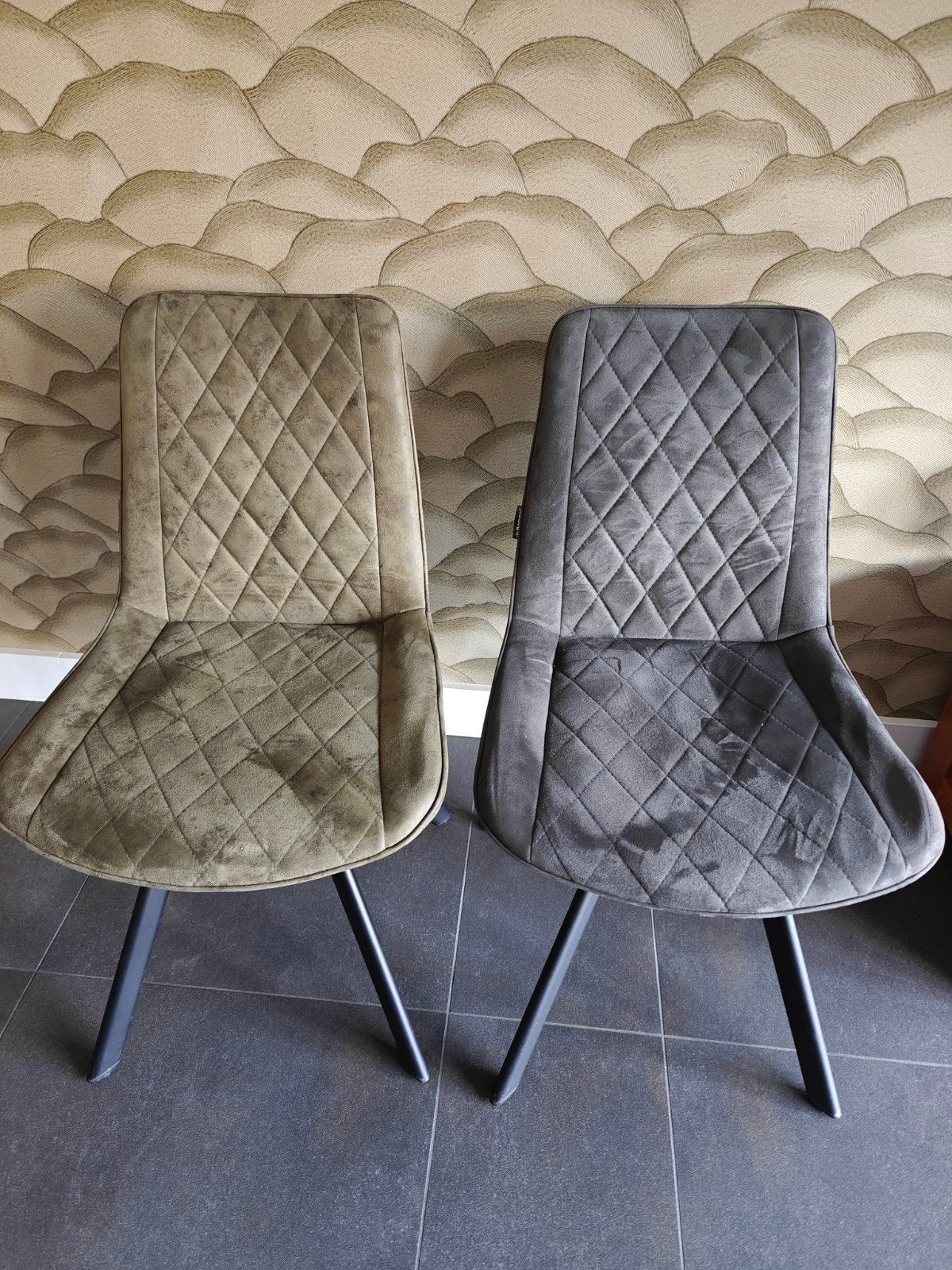6 Eetkamerstoelen stof grijs/groen met zwarte metalen poten, Ophalen, Zo goed als nieuw, Vijf, Zes of meer stoelen, Stof