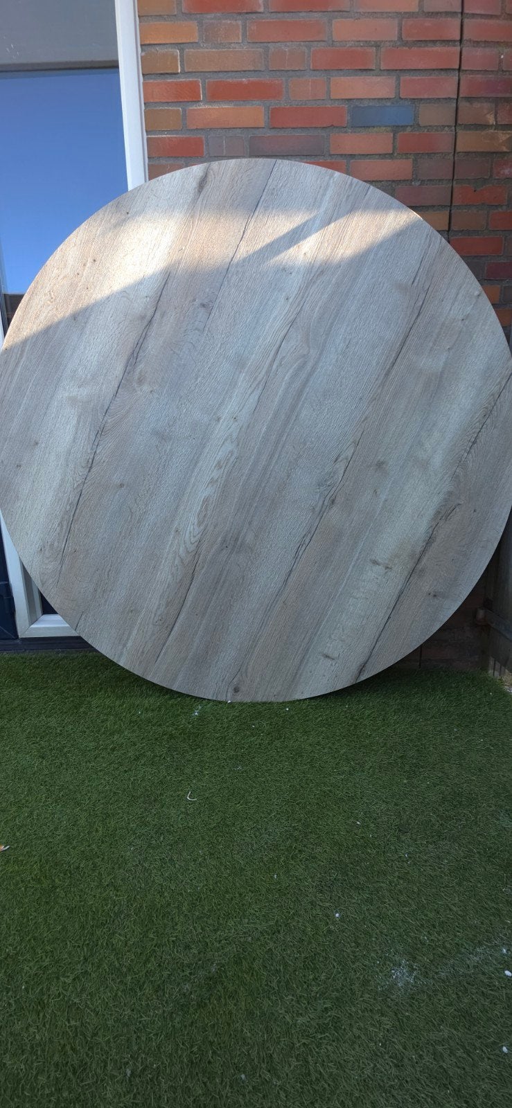 Groot rond tafelblad 150 cm – lichtgrijze houtlook., Ophalen, Kunststof, Rond, Zo goed als nieuw