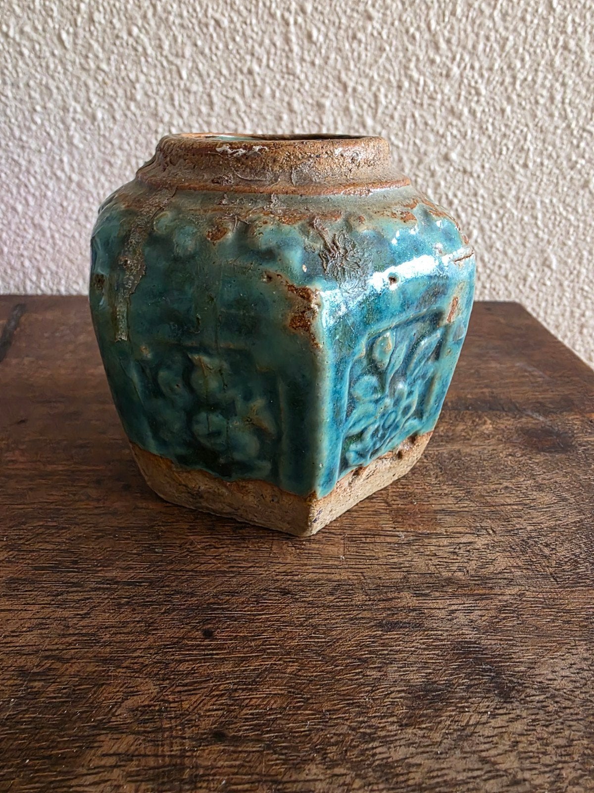 Antieke zeshoekige pot met turquoise glazuur, Ophalen of Verzenden