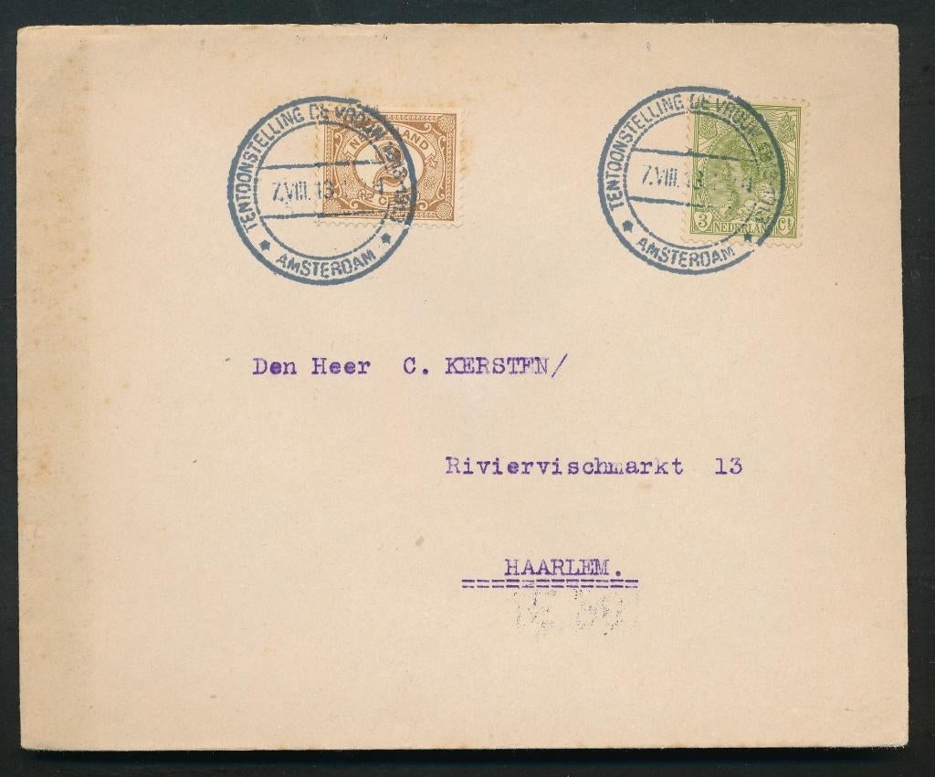 Amsterdam,Tentoonstelling de Vrouw 1813-1913, env.7.VIII.13, Postzegels en Munten, Ophalen of Verzenden, T/m 1940, Gestempeld