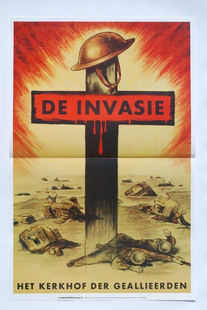 Herdruk WOII Propaganda Poster: De Invasie - Het Kerkhof, Verzenden, Amsterdam, Overige soorten, Overige gebieden