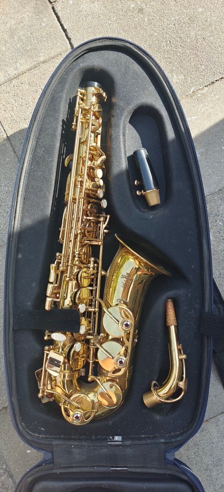 Altsaxofoon + rugzak + veel lesmateriaal en bladmuziek, Ophalen, Gebruikt, Alt, Met koffer