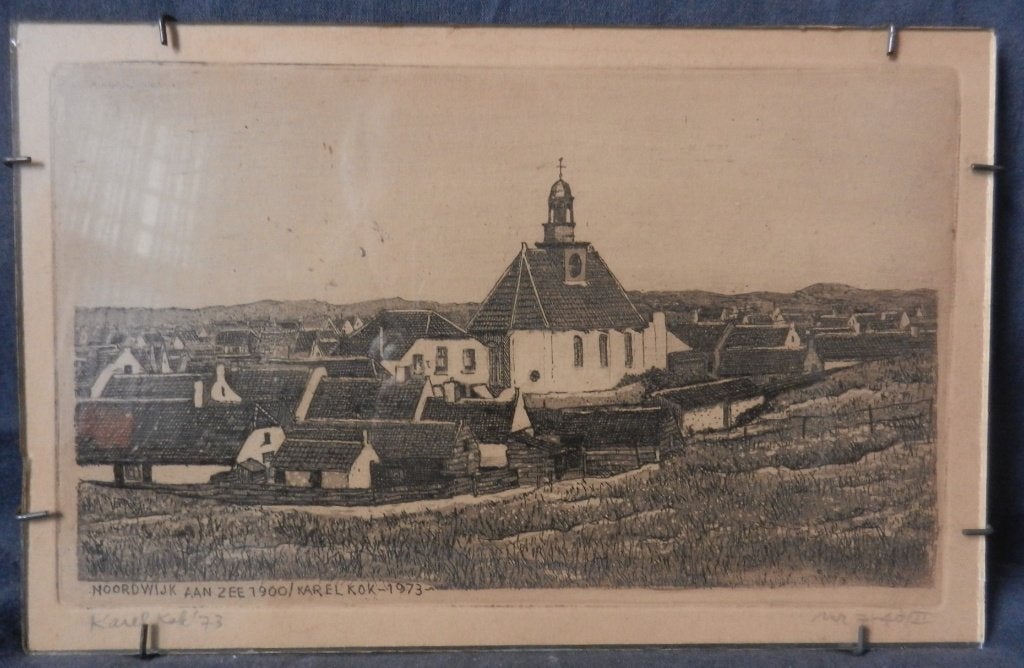 Ets Gezicht op Noordwijk aan Zee ca 1900 Karel Kok 1973, Met tekst, Ets, Stadsgezicht, Ophalen of Verzenden