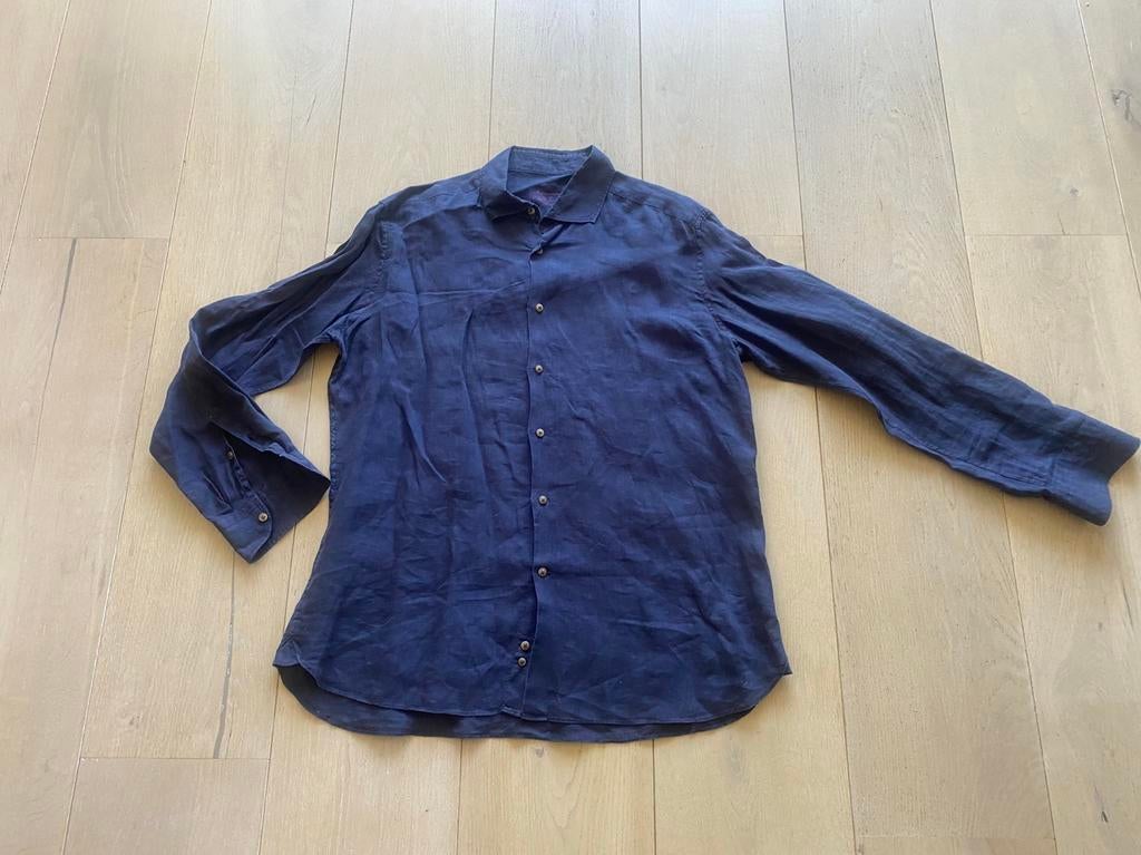 Linnen overhemd L, Kleding | Heren, Ophalen of Verzenden, Zo goed als nieuw, Blauw, Halswijdte 41/42 (L)