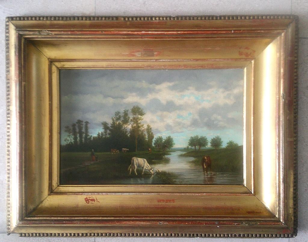 Meisjes en wadende koeien ca. 1850 - E de Vigne 1806-1862, Antiek en Kunst, Kunst | Schilderijen | Klassiek, Ophalen of Verzenden