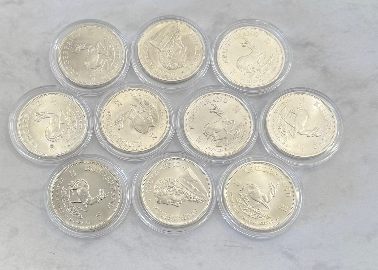 10x 1 ounce zilveren Krugerand / Zuid-Afrika / Capsule 999, Ophalen of Verzenden