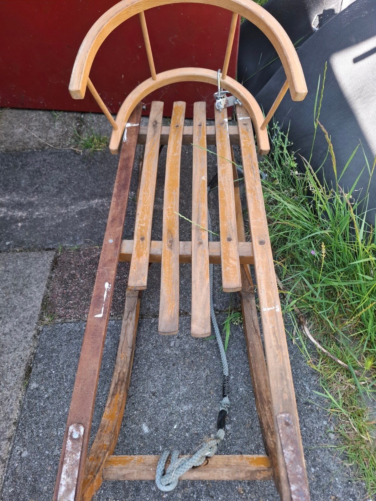 Vintage Houten Slee met Rugleuning, Kinderen en Baby's, Ophalen, Rugleuning, Gebruikt, Hout