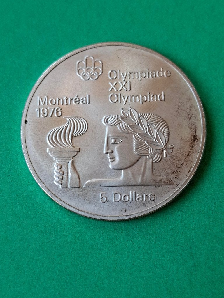 1974 Canada 5 dollars in zilver OS Montréal atleet vlam, Verzenden, Noord-Amerika, Losse munt, Zilver