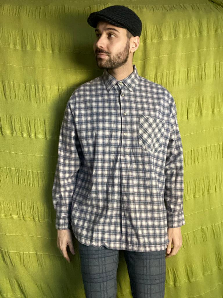 Vintage shirt lange achterkant- geruit -paars - katoen - XL, Hgv, Vintage, Ophalen of Verzenden, Gedragen