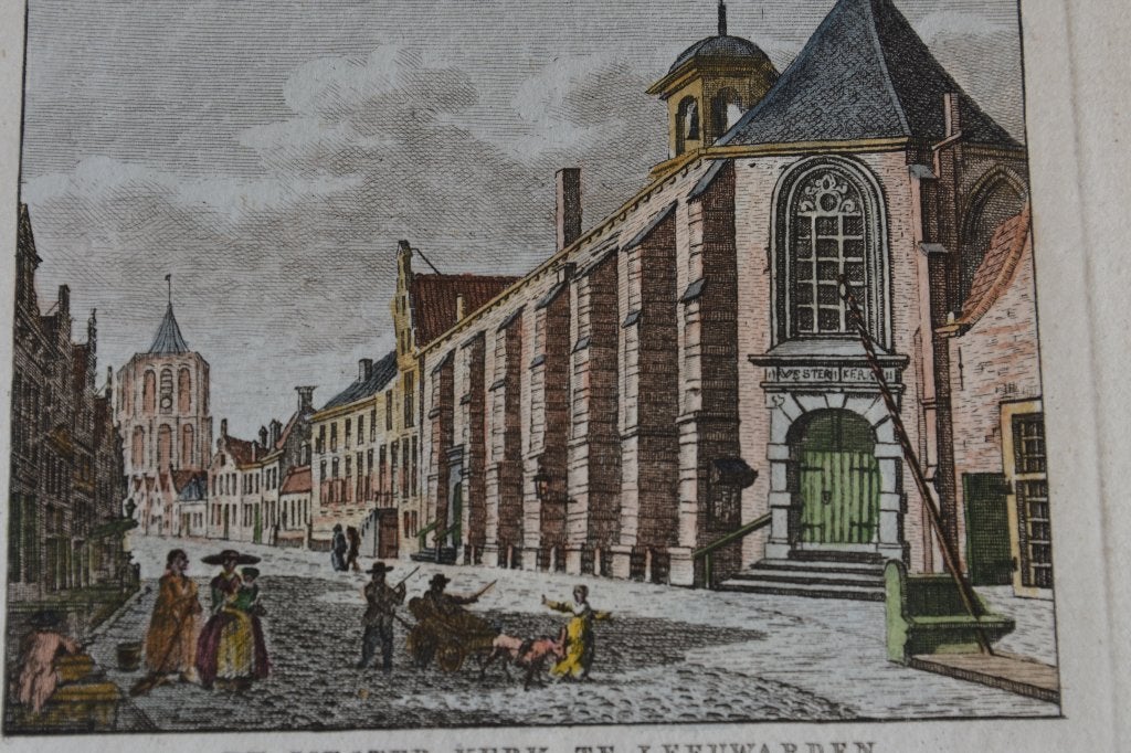 LEEUWARDEN WESTER-KERK handgekleurde kopergravure 1790 GW2, Verzenden, Stadsgezicht, Gravure, 7 cm