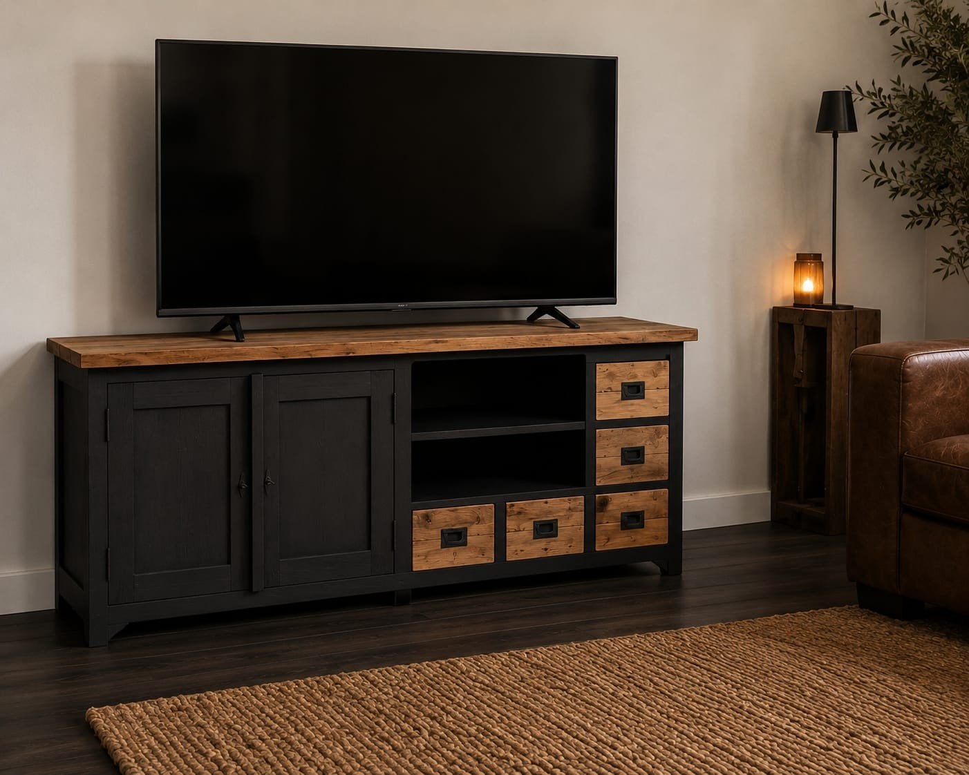 Prachtig teakhout televisiemeubel mat zwart NIEUW, Muppetsmeubels@gmail.com, Middenhof 41 Rilland, 150 tot 200 cm, Teakhout