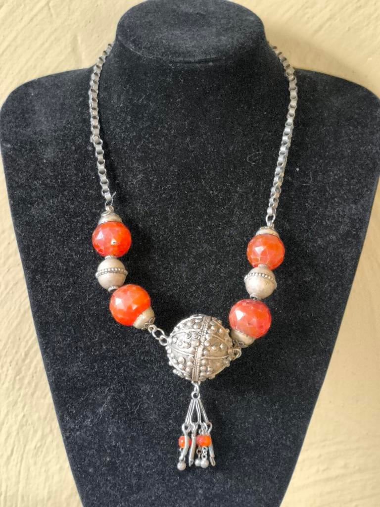 Zilveren ketting Berber stammen Marokko met carneool, Ophalen of Verzenden, Zilver